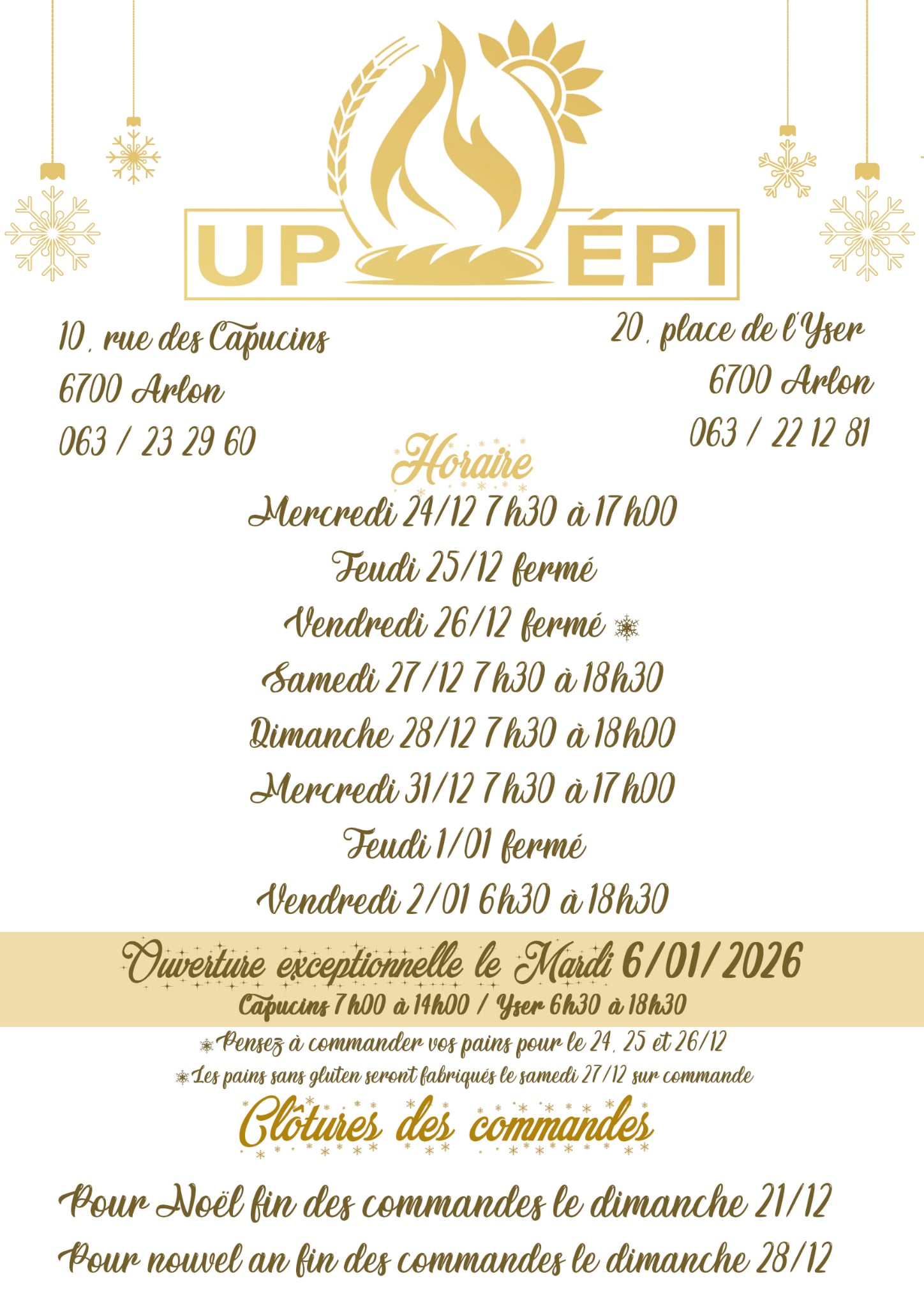 Horaire fin d'année 2025 - 2026